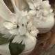 Bridal Shoe Clips -off white satin flowers, pearls, satin green leaves, wedding shoe clips, flower shoe clips