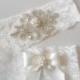 Wedding Garter Beautiful Soft Ivory Stretch Lace Bridal Garter Set Gorgeous Pearl and Crystal Cluster on Floral Lingerie Lace