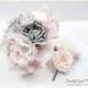 Set of 2 Bridal Brooch Flower Bouquet + Groom Father Wedding Boutonniere Jeweled Set in Light Pale Pink Grey Ivory