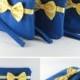 SUPER SALE - Set of 5 Royal Blue with Little Yellow Bow Clutches - Bridal Clutches, Bridesmaid Bag,Wedding Gift,Zipper Pouch - Made To Order