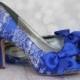 Wedding Shoes -- Royal Blue Platform Peep Toe Custom Wedding Shoes with Silver Lace Overlay, Bow and Buttons