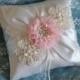 Ivory Satin Blush Wedding Ring Pillow, Shabby Chic Ring Bearer Pillow, Lace Ring Pillow with Pearls, Chiffon and Rhinestone Ring Pillow