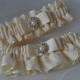 Wedding Garter Set - Ivory Garters with Beautiful Ivory Raschel Lace Overlay and Pearl Jewel Rhinestones