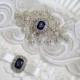 Bridal rhinestone applique heirloom garter set. Stretch lace Something Blue Sapphire Gem wedding garter. BLUE SAPPHIRE