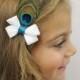 White and Teal Hair Bow with Peacock Feather - Peacock Hair Bow - White Wedding Peacock Feather Hair Accessories