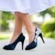 Wedding Shoes. Navy Blue Bridal Heels, Wedding Shoes with Ivory Lace. US Size 7.5
