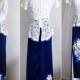 Designer Kimono Dress Two Piece Paneled Floral Silk Skirt and Peplum Lace Blouse Blue White Satin ALine Sheer Top Bohemian Wedding Rehearsal