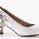 Elegant ivory lace and crystal white wedding shoes peep toe open toe pumps low heel crystal shoes