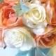 Free Shipping 17 pcs Wedding Silk flower Bouquet Bridal Package CORAL PEACH TIFFANY Blue Centerpieces RosesandDreams