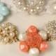 Vintage OOAK Coral, Mint Aqua Ivory Pearl & Rhinestone Gold Bridal Bracelet Cluster Earring Bracelet Bridesmaids Jewelry Wedding Gift Rustic