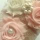 Beautiful BLUSH Bridal Garter Set - Ivory Keepsake & Toss Wedding Garters - Chiffon Frayed Flowers Rhinestone Garters - White Ivory Lace