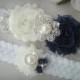 Navy Blue Garter Set / Wedding Garter Set, Rhinestone garter,Vintage Inspired Garter Set,Something Blue