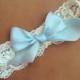 Ivory Lace Garter + Robin Egg blue bow - Wedding Garter - Prom Garter - Something Blue - Lingerie Shower - Bridal Shower - GIFT -BEST SELLER