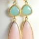 Mint and Peach Statement Earrings in Gold. Long Dangle Earrings. Aqua Dangle Earrings. Bridal Jewelry. Wedding. Gift.