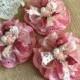 3 shabby chic lace and fabric handmade flowers.