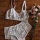 Floral Lingerie Set 'Genevieve' White Floral Toile Bra and Hipster Panties Handmade to Order