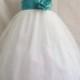 Flower Girl Dress - Ivory Rose Petal Dress with Teal - Wedding, Easter, Junior Bridesmaid, Formal Girl Dress, Recital (FGPT)