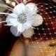Bridal Fascinator Veil Set, Feather Headpiece, Birdcage Veil, Ivory Flower Hair Clip, White Wedding Accessories, NIRVANI VISTA (2 items)