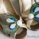 ATREYA w/ IVORY Shoe Clips -- Peacock Feathers w/ Blue Plumage & Sparkling Rhinestones, Great for Brides and Bridesmaids Wedding Accessory