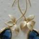Vermeil Gold Dangle Earrings / orchid jewelry / Blue sapphire / Long earrings / Flower / wedding gift / Bridesmaids gift