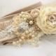 Bridal Sash- Wedding Sash in Champagne, Tan, Gold and Ivory with Pearls, Vintage Brooch and Handmade Flowers