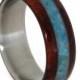 Turquoise Jewelry, Titanium and Ruby Redwood Wedding Band, Waterproof Ring Armor Included