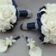 Navy Wedding Flower Package Bridesmaid Bouquets Groomsman Boutonnieres Silk Stephanotis Real Touch Roses Real Touch Calla Lilies