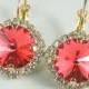 Bridesmaid earrings, Crystal leverback earrings, Watermelon pink earrings, Padparadscha earrings, Gold leverback earrings, Wedding jewelry