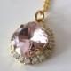 Vintage Pink & White Opal Rhinestone Necklace Gold Pink Blush Swarovski WeddingNecklace, 12mm stone, Bridal Statement Jewelry