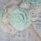 Small Hand Dyed Pastel Mint Green Sola Wood Wedding Bouquet - Mixed Ivory Wood Flowers, Handmade Fabric Rosettes, Burlap, Cream, Mint Green