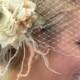 Wedding, Bridal French Net Bridal Veil with ivory Vintage FLowers,Wedding Hair Clip, Boho, Rustic
