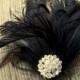 Black Friday Specials -Black Swan Feathered Fascinator - Crystal jeweled center -feather fascinator bridal hair clip