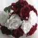 Very Cute  Bridal Bouquet -Burgundy And White Roses-Silk Flowers-Crystals