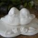 Bird Wedding Cake Topper Two Lovebirds on a Heart w Roses- Ceramic White Glazed