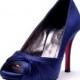 Custom Made Dark Blue Satin High Peep Toe Pumps. Blue Satin Bridal Heels. Blue Wedding Shoes with Red Sole. Custom Made  Shoes with Red Sole