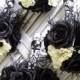 Black Magic Silk Rose and Silk Anemone Black feather  Damask Bridal and Bridemaids Bouquet Set
