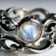 Moonstone engagement ring set - rainbow moonstone - recycled sterling silver - swirl infinity - made to order- Wrought ring