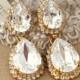 Clear white Chandelier earrings Statement  Drop earrings rhinestone jewelry - 14 k Gold plated gold. Bridal earrings, wedding jewelry.