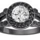1.54 Carat White Diamond & Black Diamond Engagement Ring Vintage Style 14k Black Gold Unique Halo  HandMade