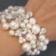 Bridal Bracelet, Pearl Wedding Bracelet, Vintage Style Chunky Cuff Bracelet, Ivory White Pearls Rhinestone Wedding Statement Jewelry