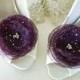Aubergine fabric flower shoe clips in eggplant sparkle organza