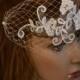 Birdcage Lace Bridal Veil, Ivory Bird Cage Blusher Veil With Lace Applique & Pearls, Russian Netting Face Veil