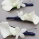 Real Touch Calla Lily Stephanotis Boutonnieres Groom Groomsmen Wedding Flower Package Navy Ribbon