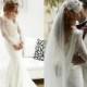 2015 Spring Lace Wedding Dresses White Backless V Neck Long Sleeve Applique Sweep Train Sheer Garden Mermaid Wedding Gown Dress For Bridal, $117.72 
