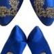 LAST PAIR - Something Blue with Red Hearts On Sole Crystal Wedding Pumps Cobalt Blue Bridal Shoes size 9