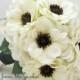 White Anemone Black Center Wedding Bouquet White Silk Hydrangea Groom Boutonniere - Silk Flower Black and White Wedding Bouquet