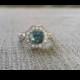 Halo Teal Spinel Diamond Ring Gemstone Engagement Ring Antique Flower Grey Blue Green Octagon Round 14K White Gold Vintage "The Elsa"