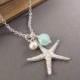 Starfish Necklace, Silver Sea Star with Pearl and Seafoam Dangle, Sea Star Jewelry, Beach Wedding, Bridesmaid Gift, Summer Jewelry