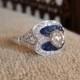 Antique Old European Estate Diamond .88 Carat Center Diamond Engagement Ring Sapphire Ballerina Art Deco Blue White18K Gold Size 6.5