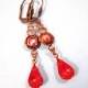 Rhinestone Drop Earrings, Victorian Grace, Hyacinth Red Orange, Brass Dangle Earrings, FREE Shipping U.S.